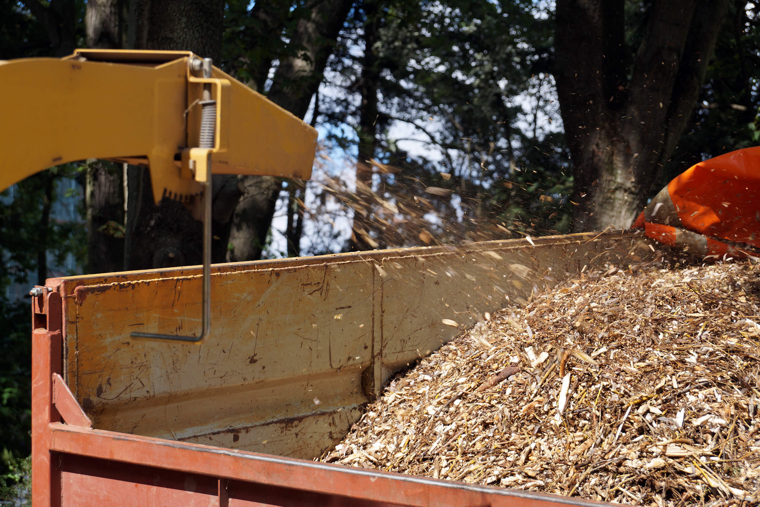 Wood chipper blowing arborist wood chips into the back of a truck.
